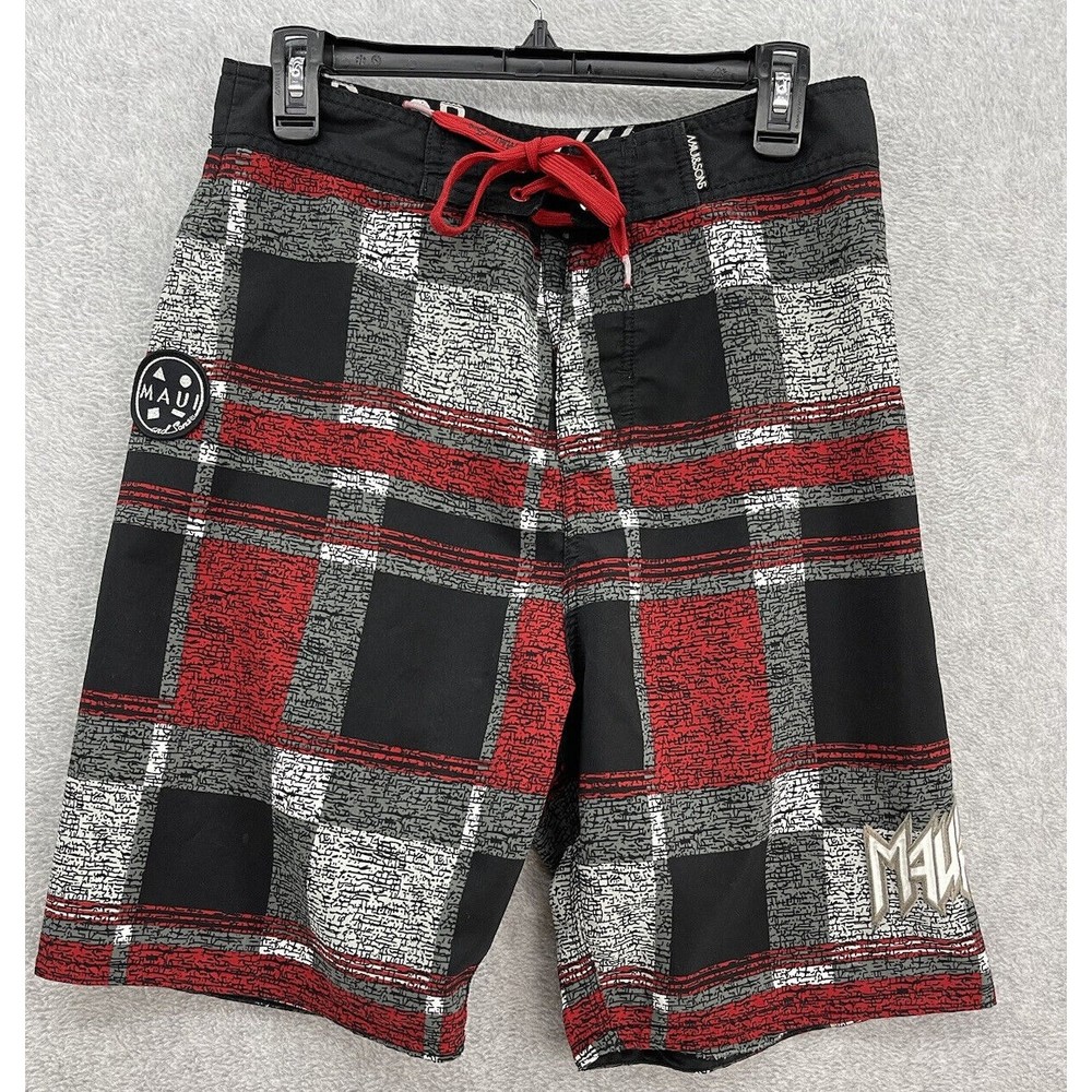 Maui and Sons Men's Board Shorts Red Black Check Size Small